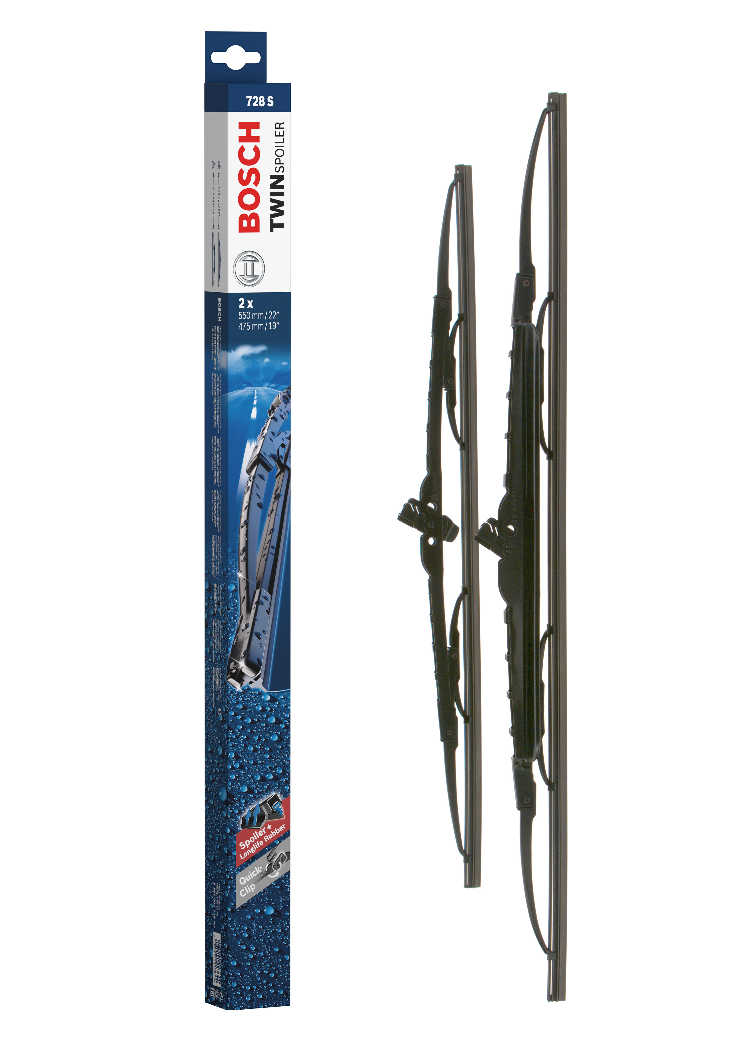 Ruitenwisserblad Bosch 3 397 001 728 - Bosch 728S - Ruitenwissers Twin - Lengte: 550/475 mm - set wisserbladen voor