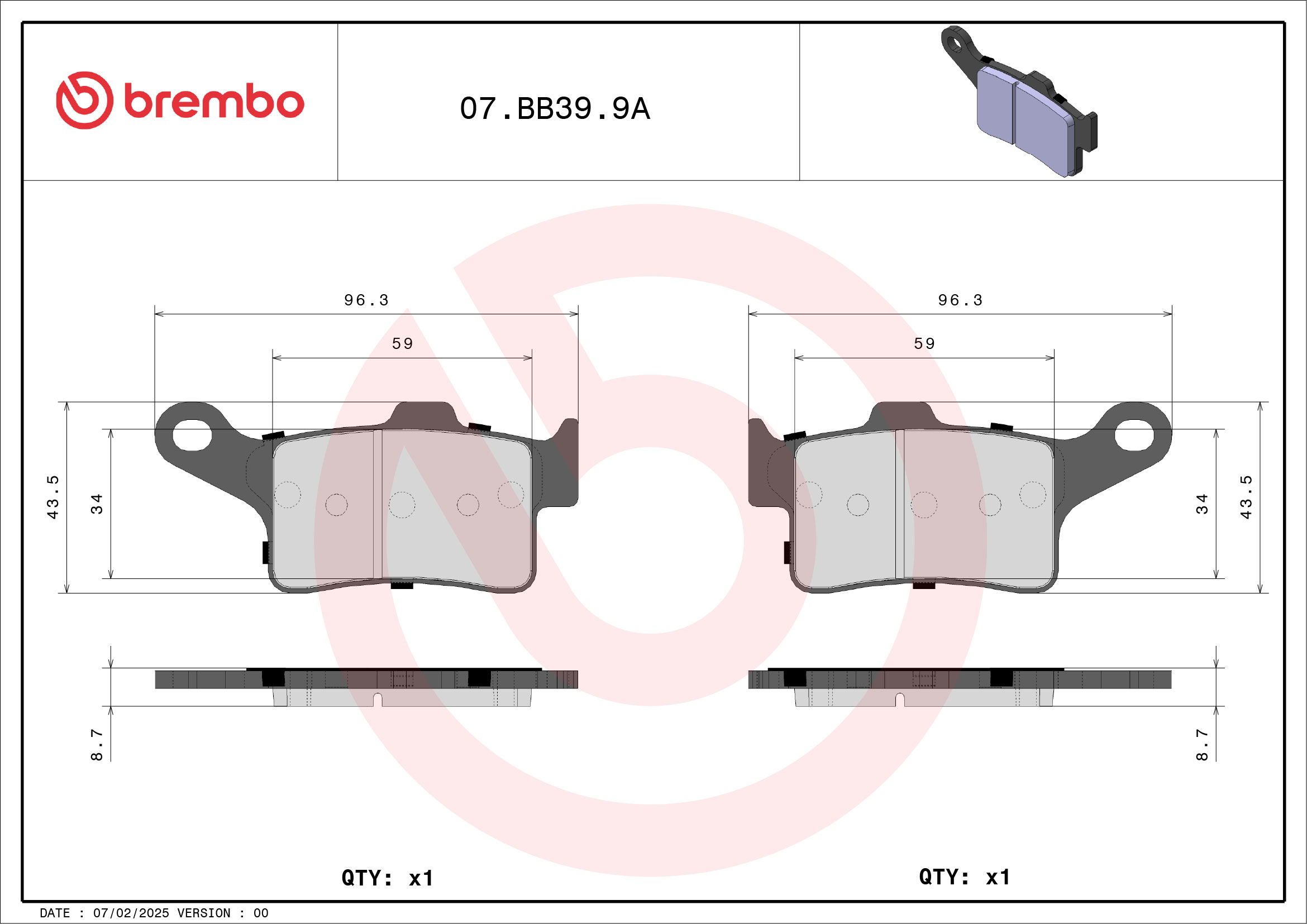 Remblokkenset, schijfrem Brembo 07BB399A