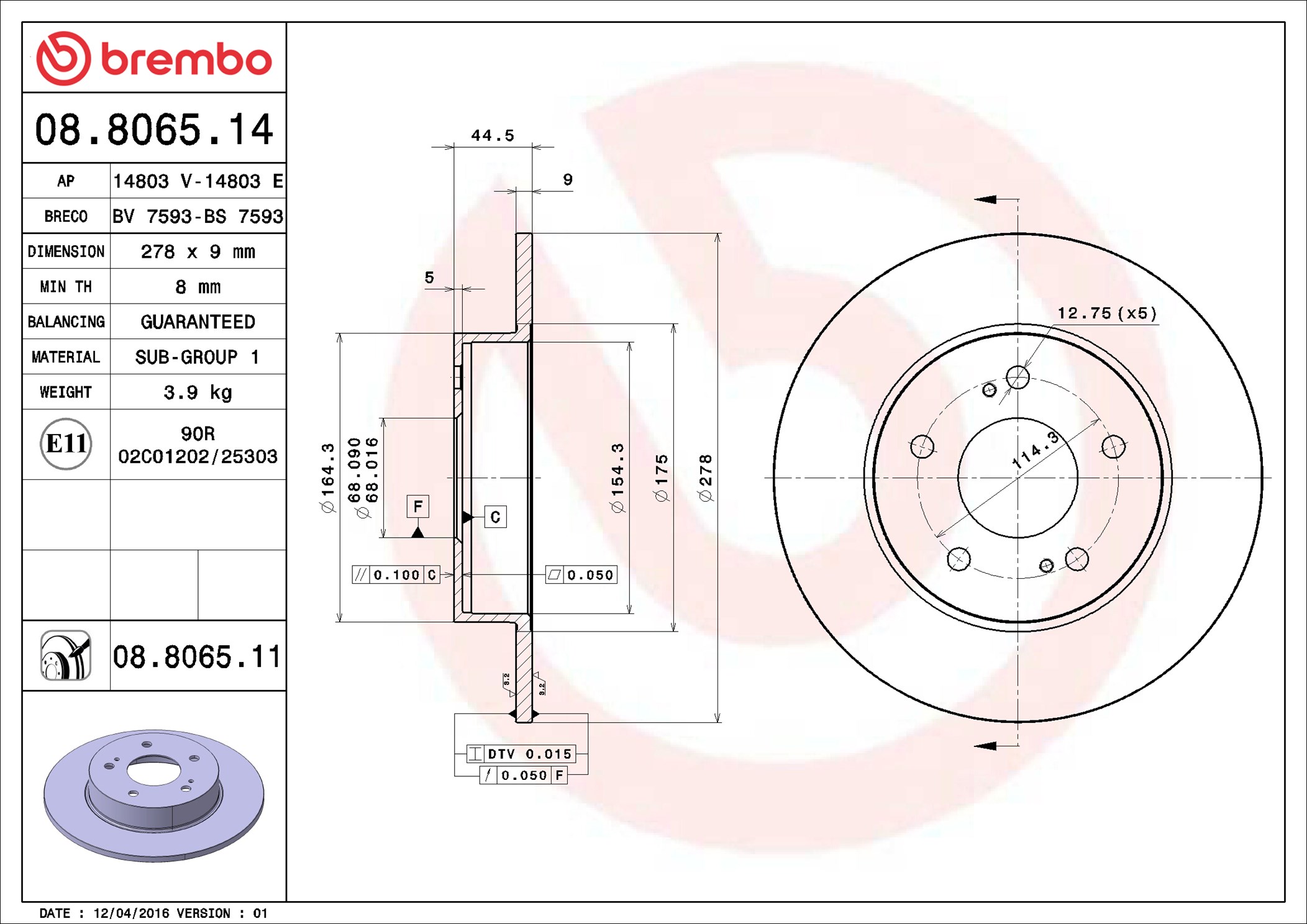 Brembo Remschijven 08.8065.14