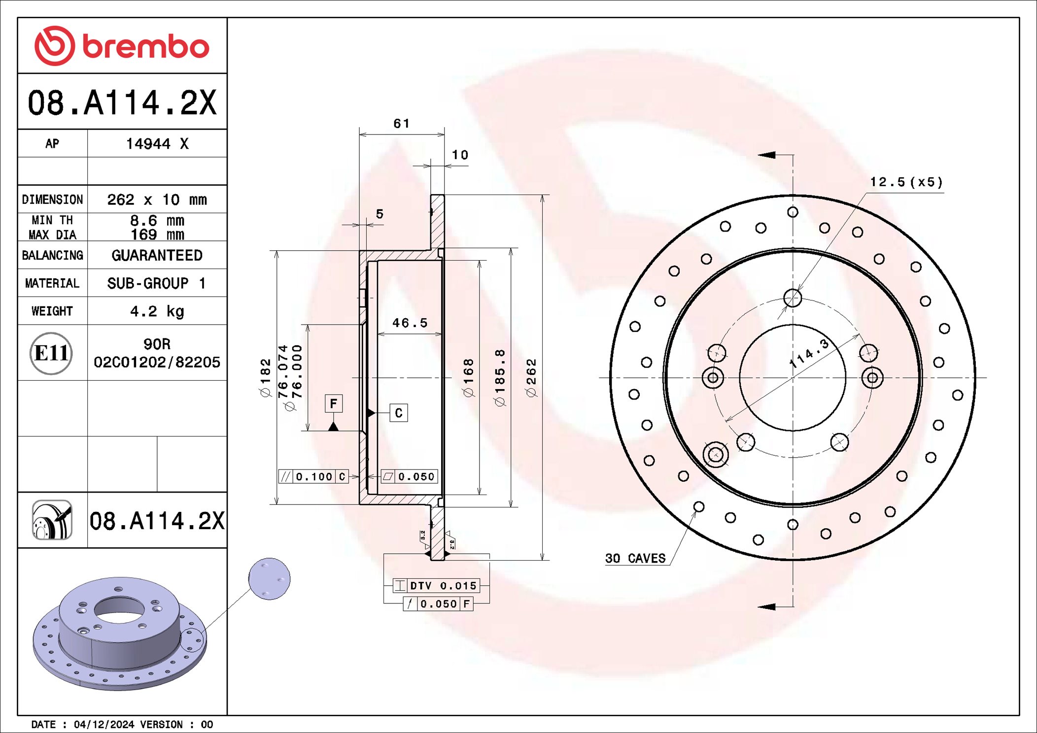 Remschijf Brembo 08.A114.2X