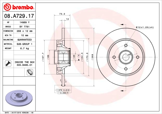 Brembo Remschijven 08.A729.17