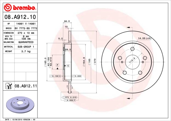 Brembo Remschijven 08.A912.10