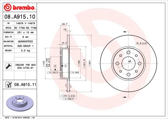 Remschijven Brembo 08.A915.11