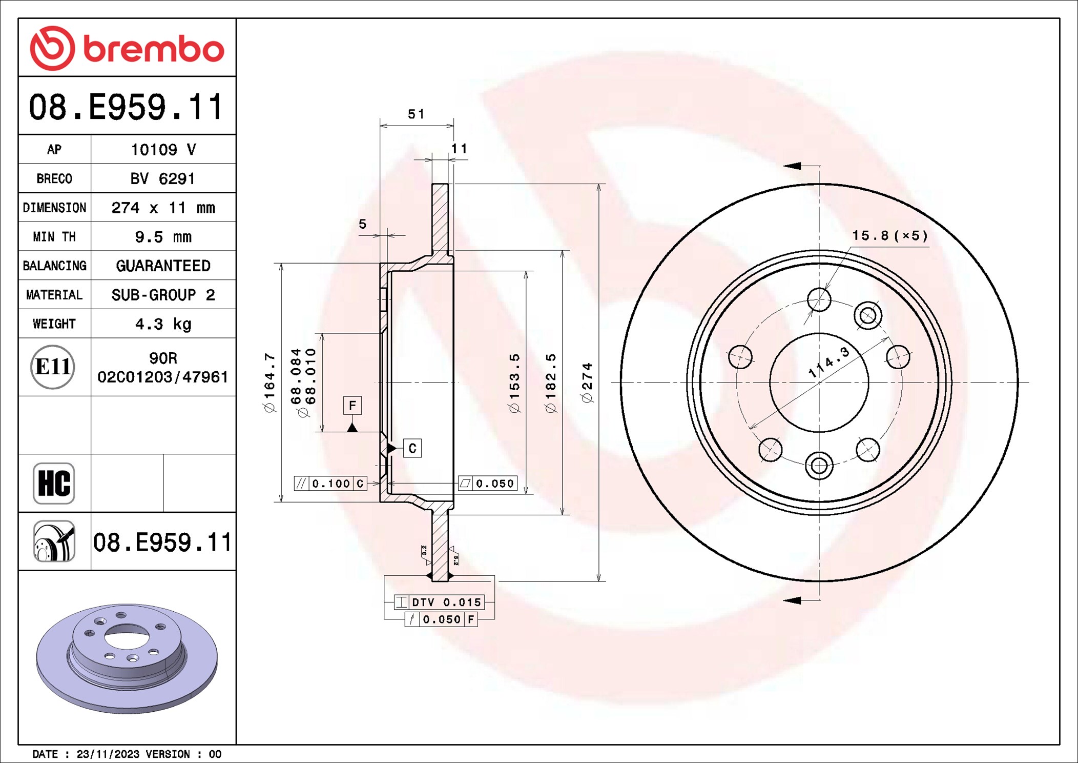 Brembo Remschijf 08.E959.11