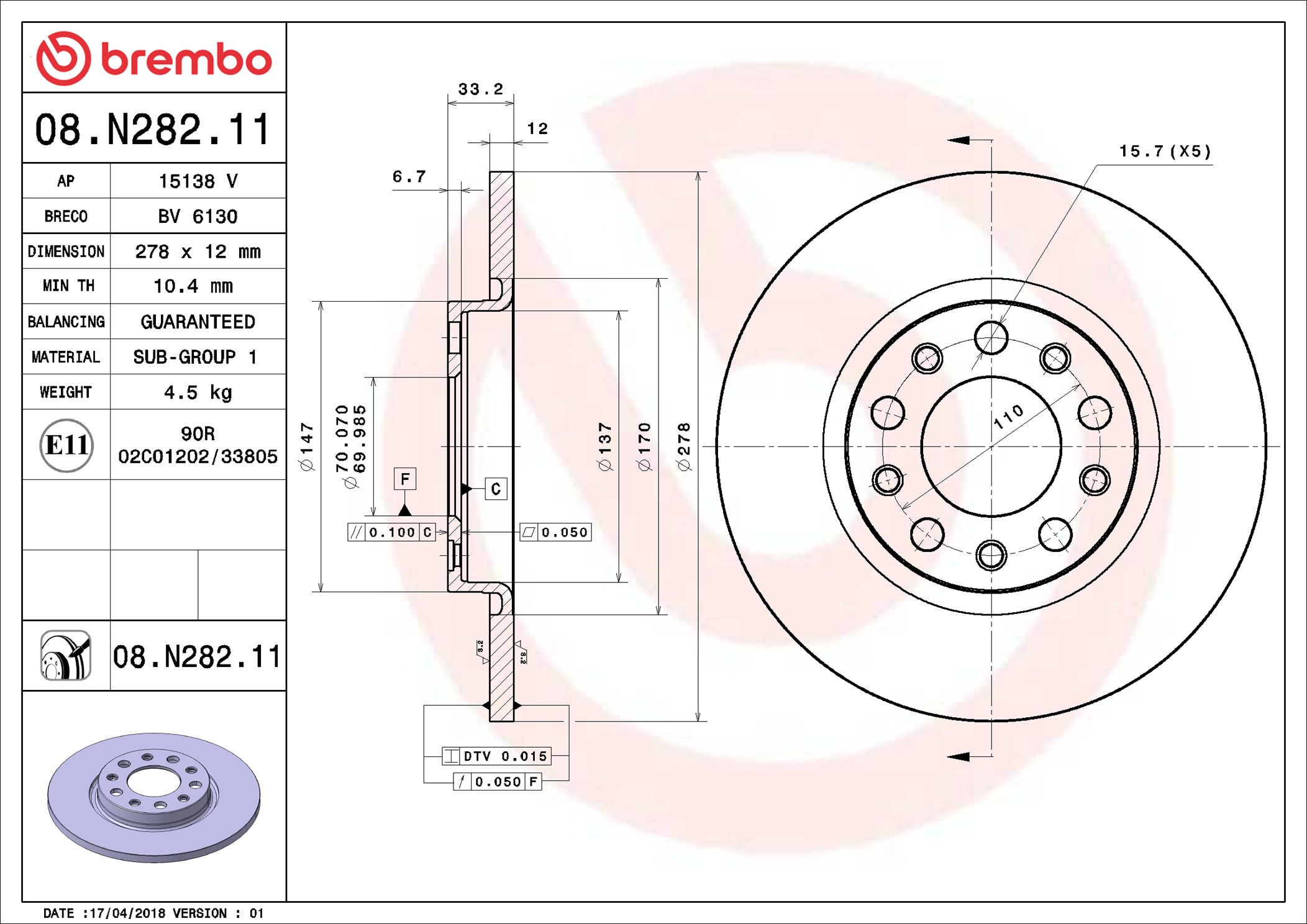 Brembo Remschijven 08.N282.11