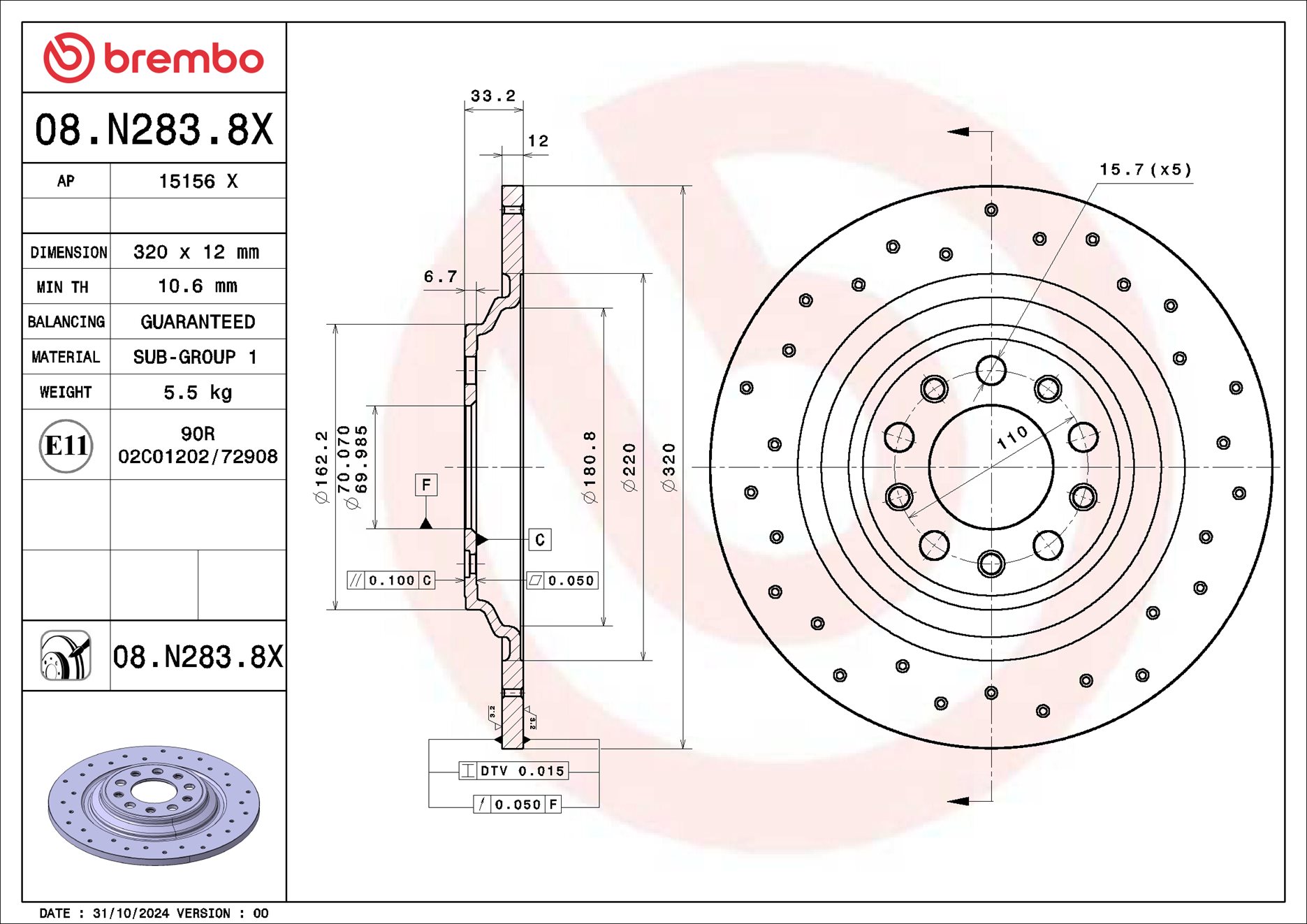 Remschijf Brembo 08.N283.8X