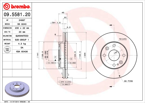 Remschijven Brembo 09.5581.20