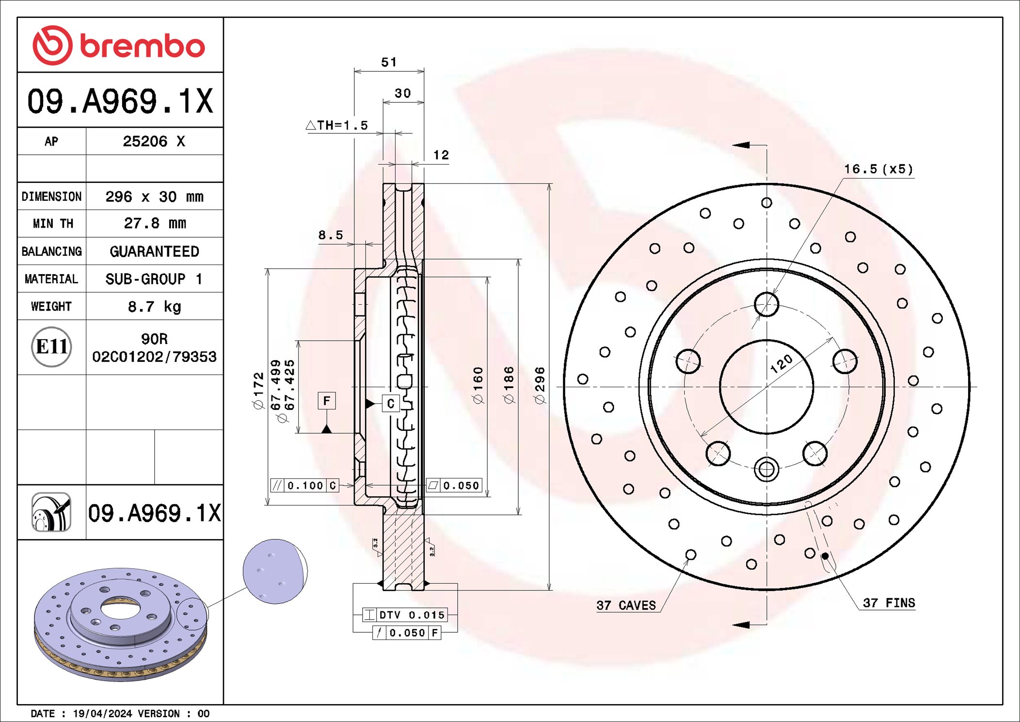 Brembo Remschijf 09.A969.1X