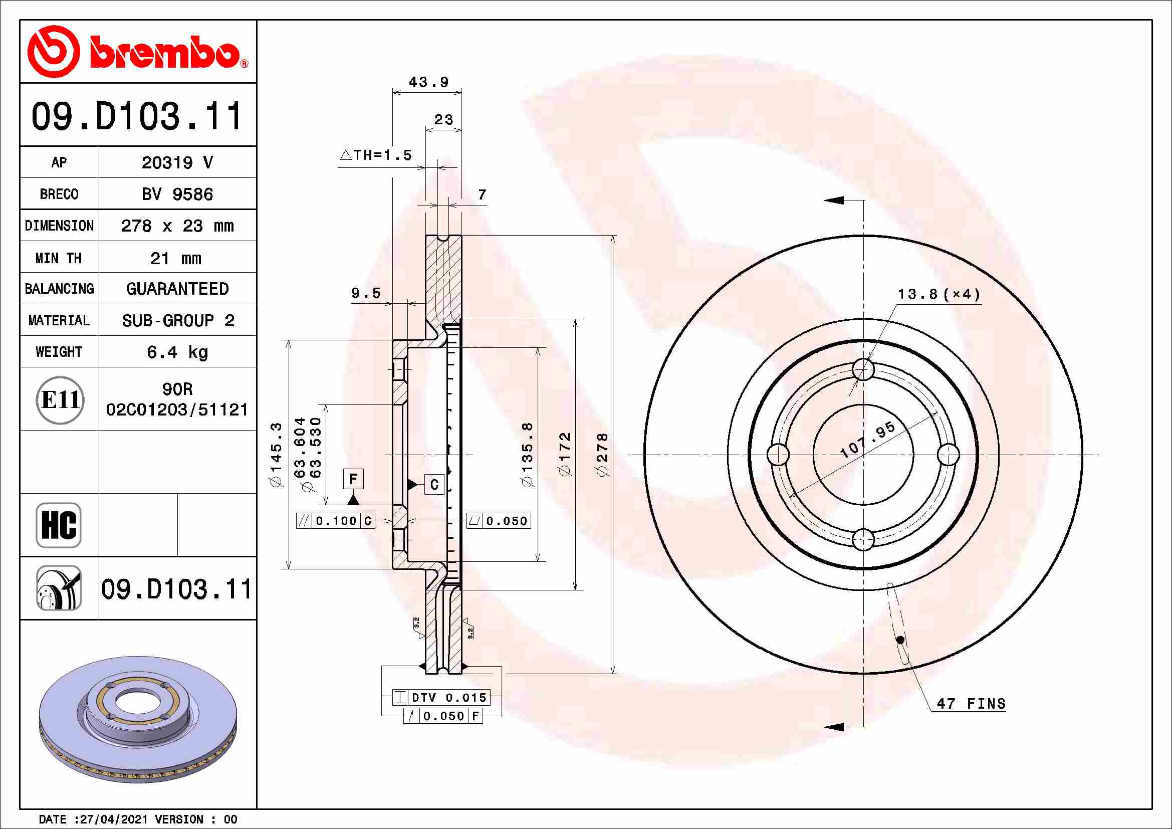 Remschijven Brembo 09.D103.11