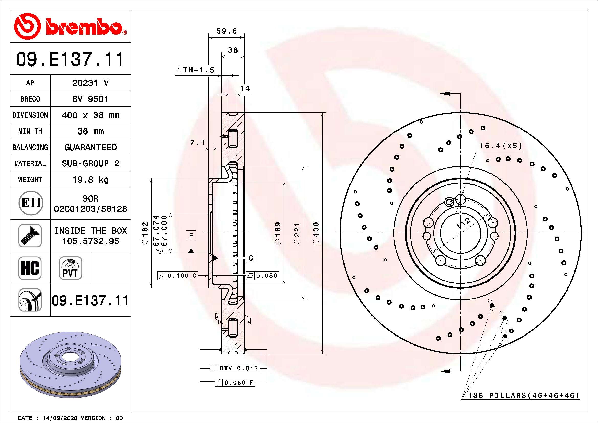 Remschijven Brembo 09.E137.11