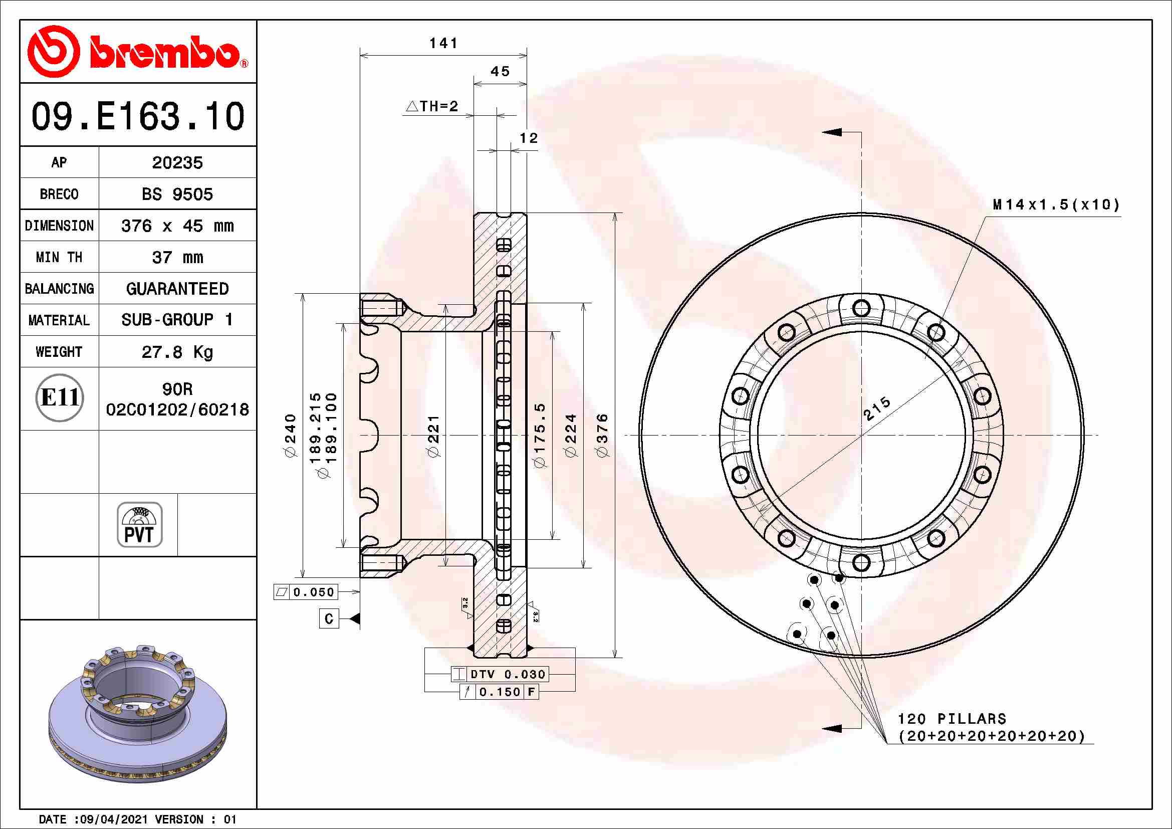 Remschijven Brembo 09.E163.10