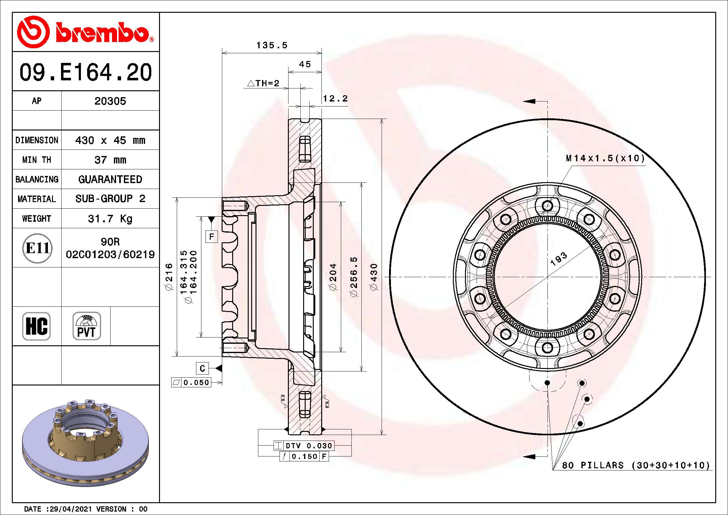 Remschijven Brembo 09.E164.20