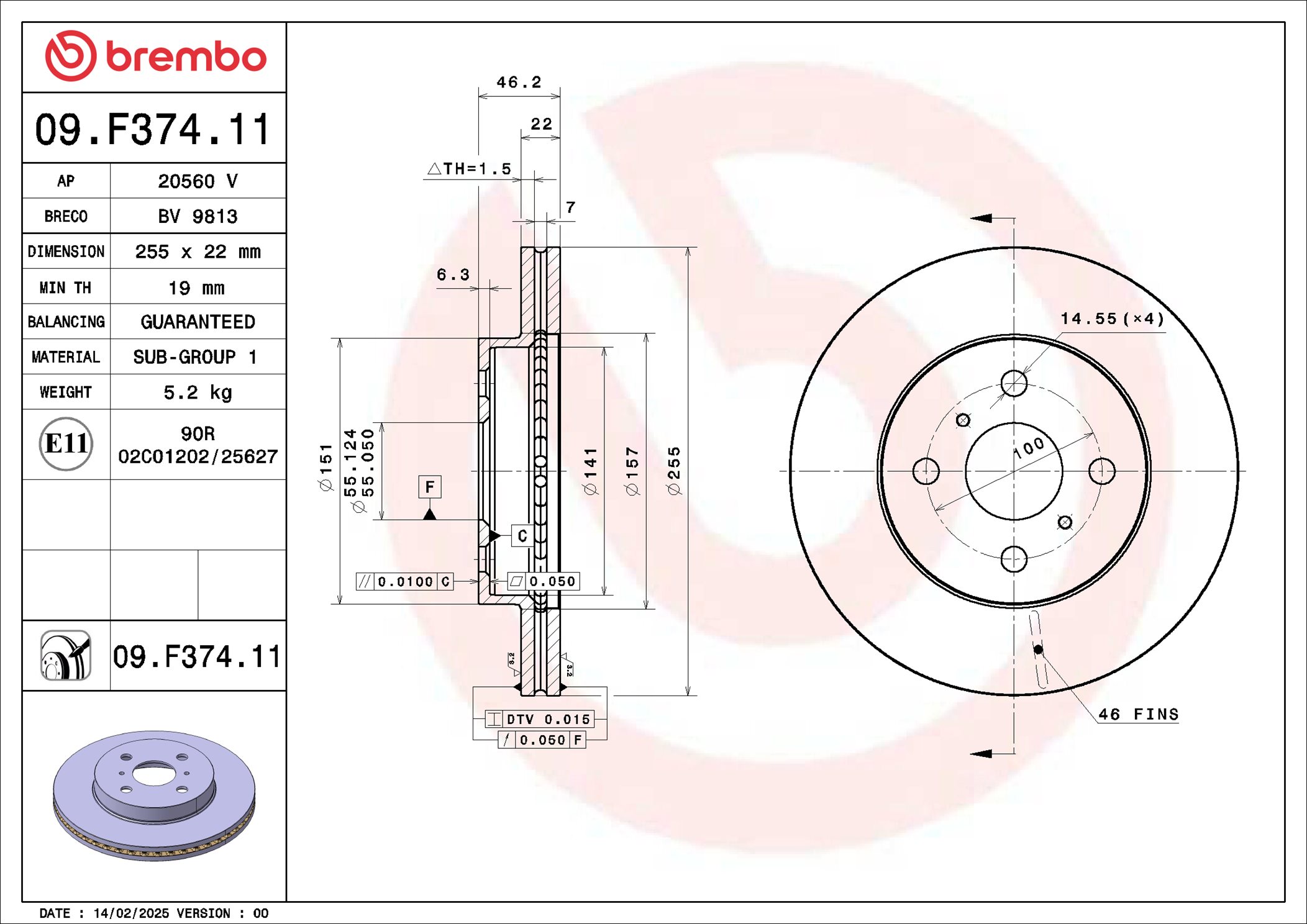 Remschijf Brembo 09.F374.11