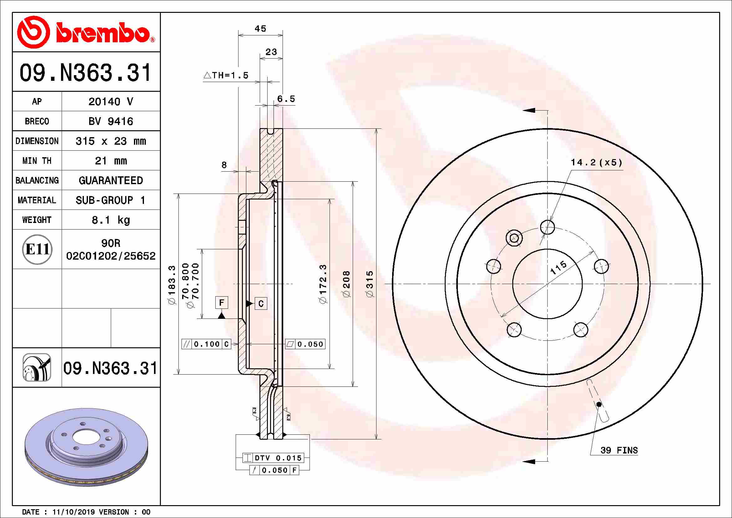 Remschijven Brembo 09.N363.31