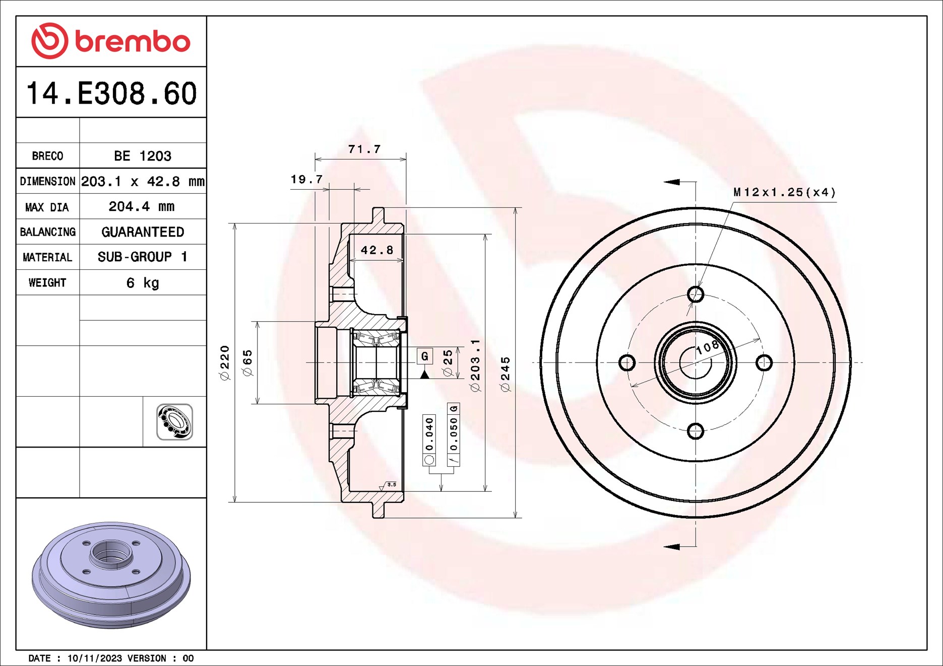 Brembo Remtrommel 14.E308.60