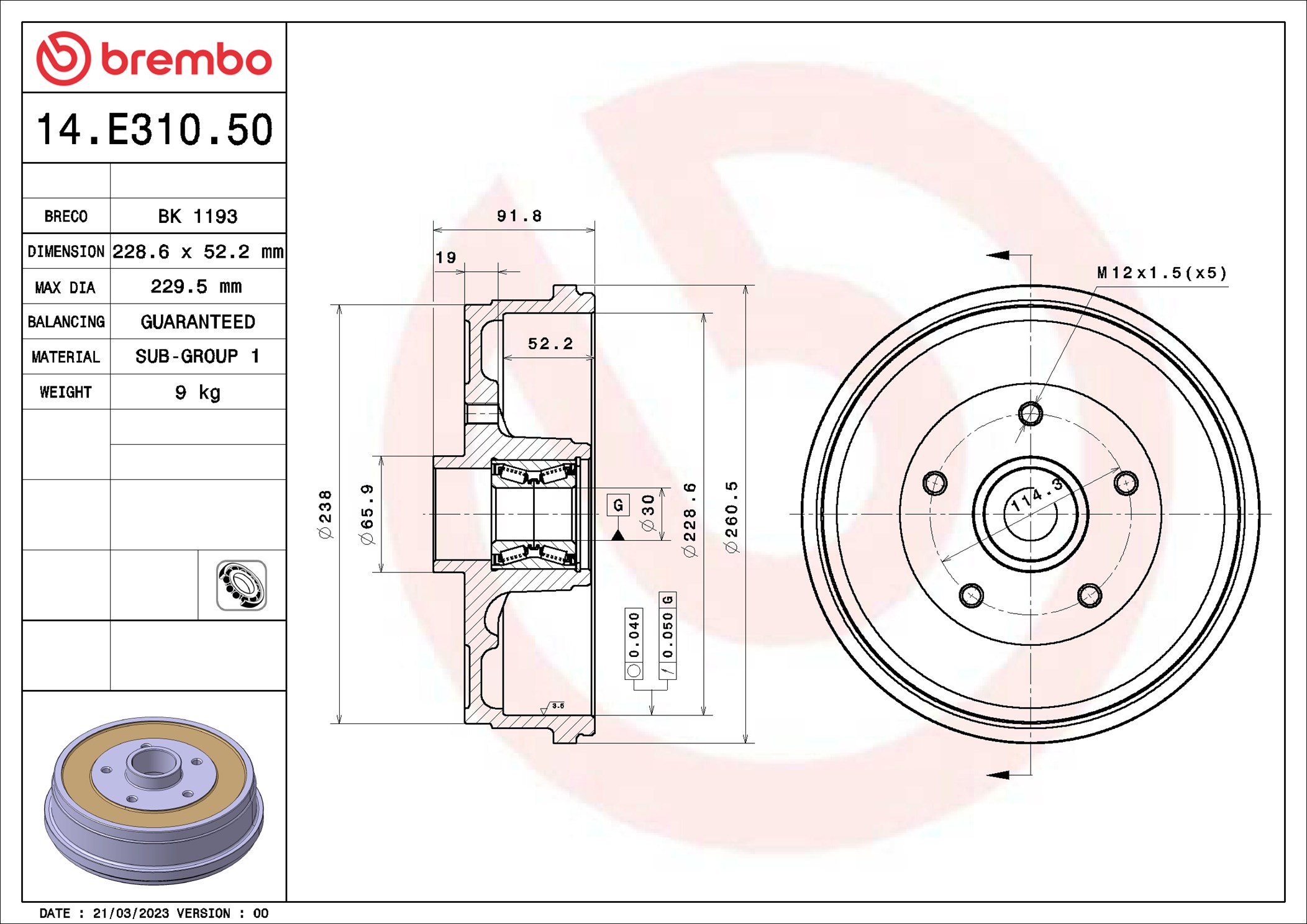 Brembo Remtrommel 14.E310.50