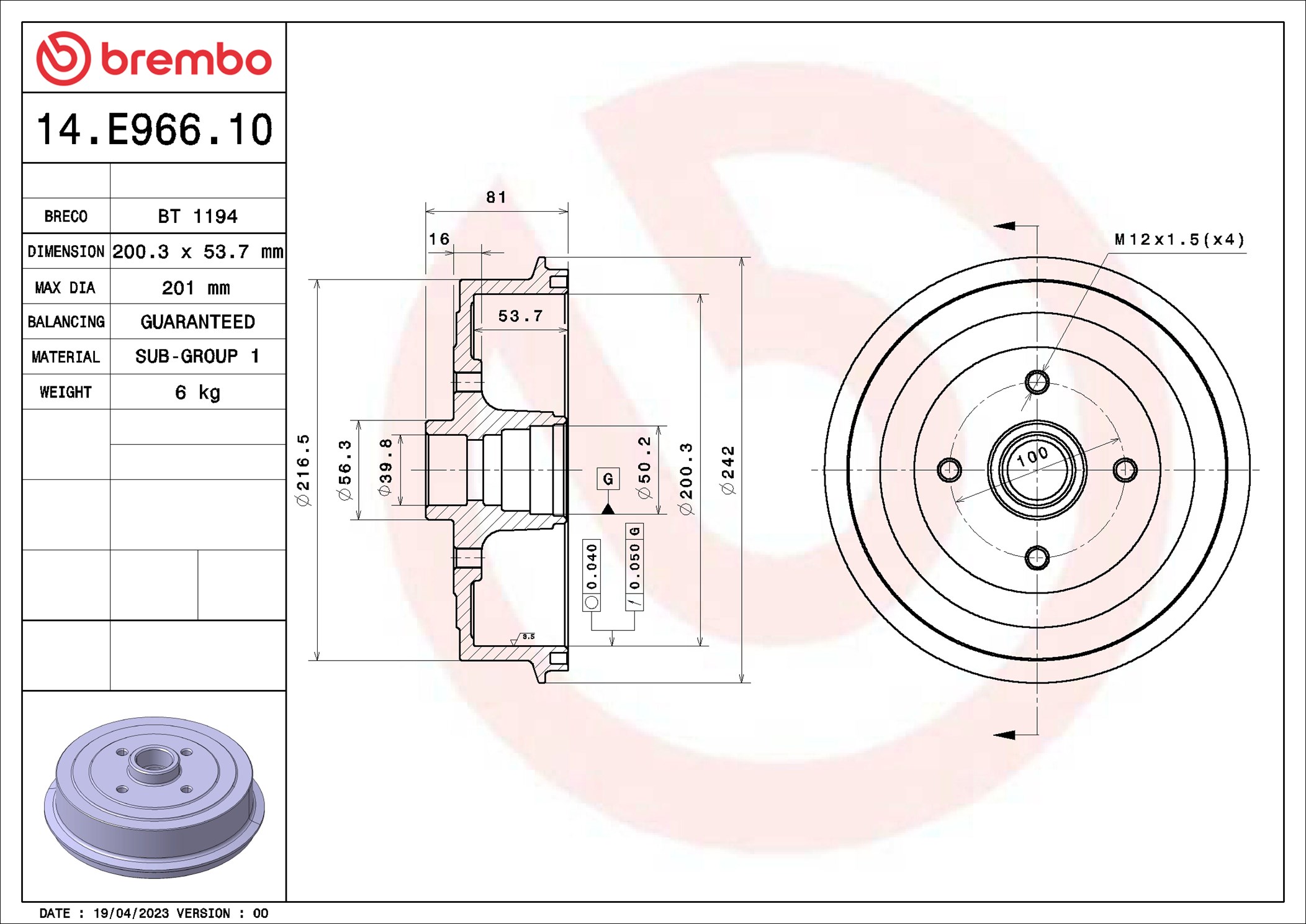 Brembo Remtrommel 14.E966.10
