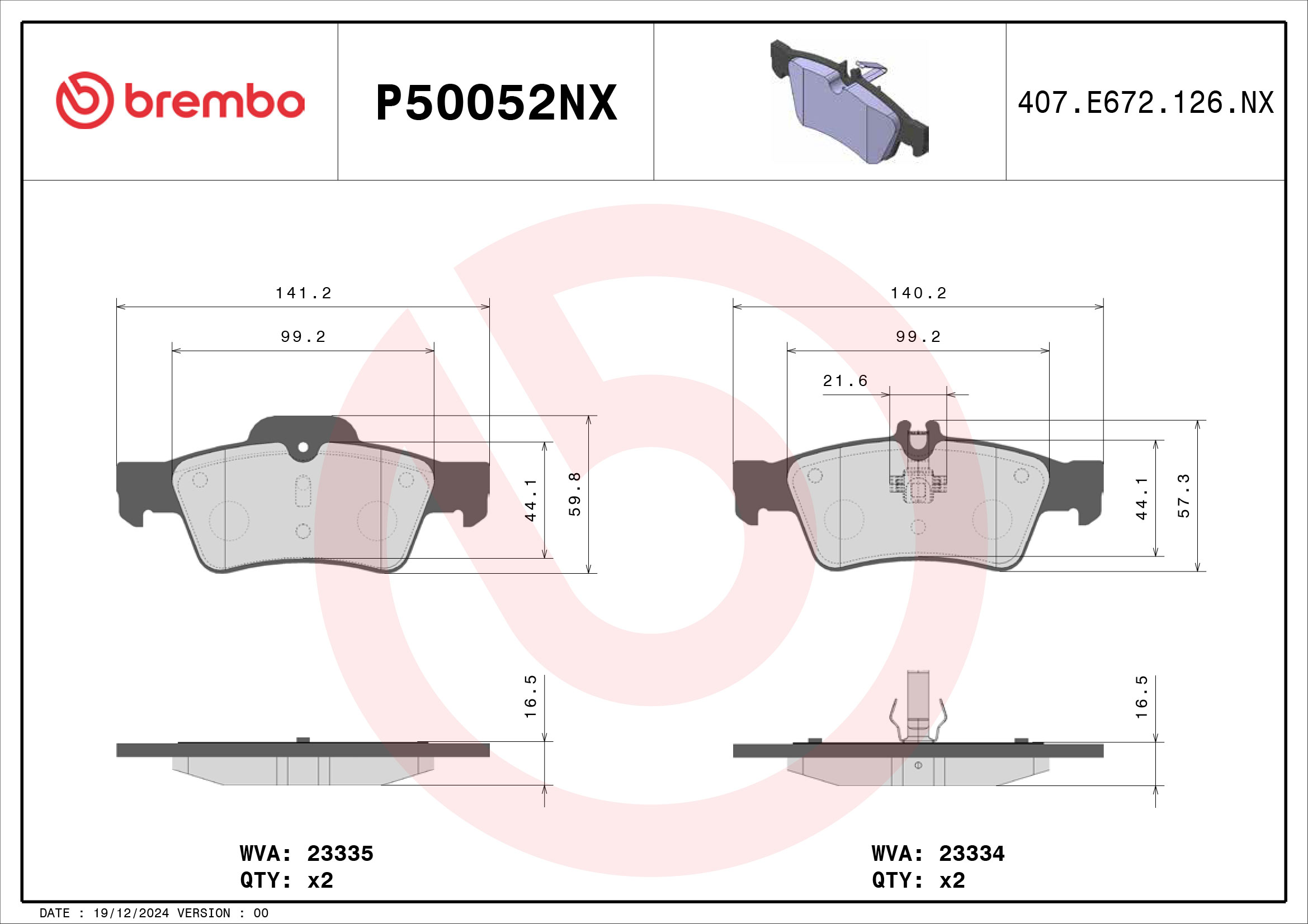 Remblokkenset, schijfrem Brembo P50052NX