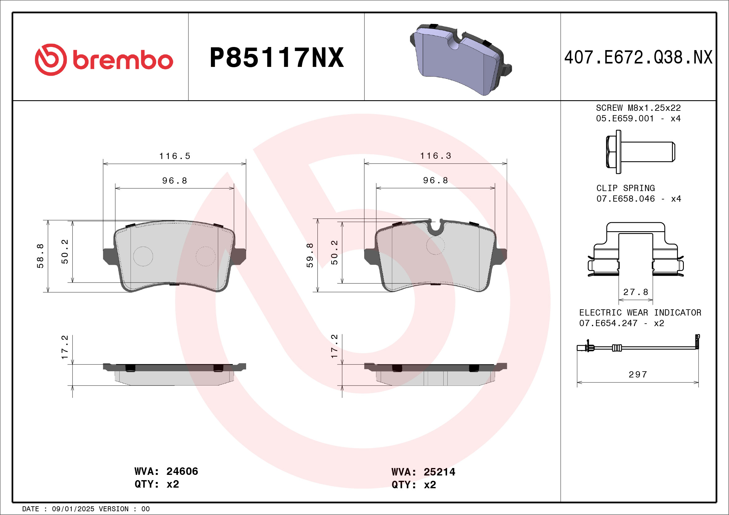 Remblokkenset, schijfrem Brembo P85117NX
