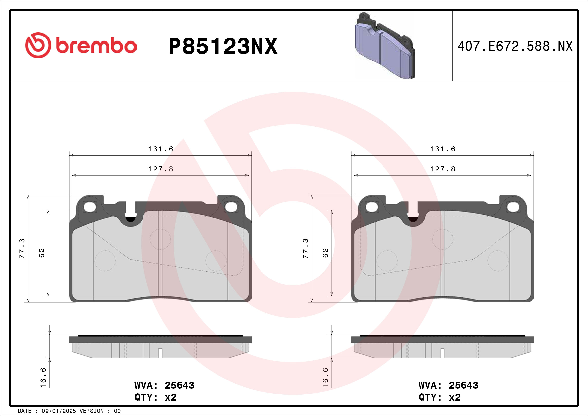 Remblokkenset, schijfrem Brembo P85123NX