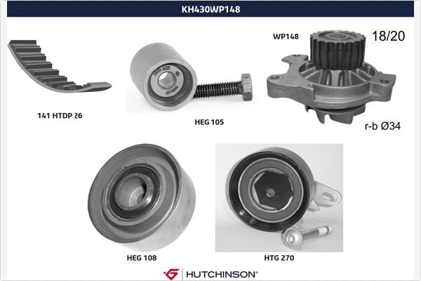 Distributieriem kit inclusief waterpomp Hutchinson KH 430WP148