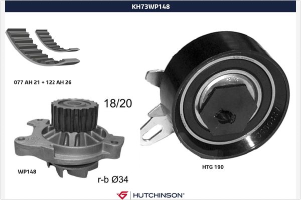 Distributieriem kit inclusief waterpomp Hutchinson KH 73WP148
