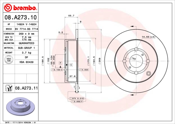 Remschijven Brembo 08.A273.11