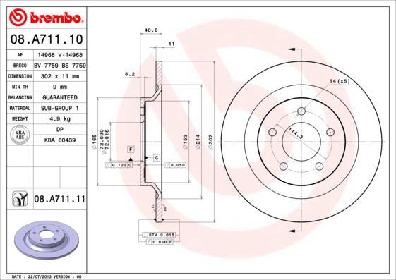 Remschijven Brembo 08.A711.11