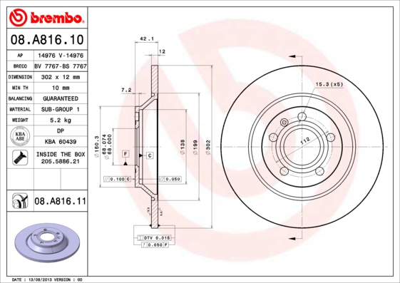 Remschijven Brembo 08.A816.11