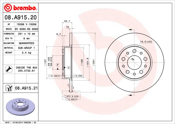 Remschijven Brembo 08.A915.21