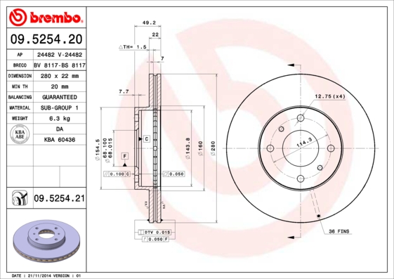 Remschijven Brembo 09.5254.21