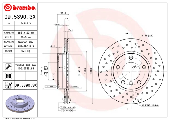 Remschijven Brembo 09.5390.3X