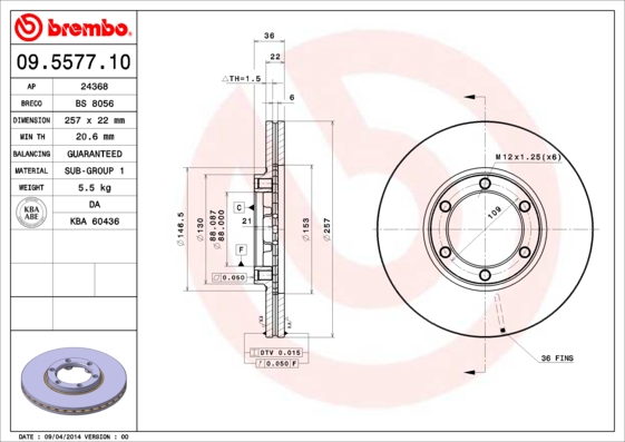 Remschijven Brembo 09.5577.10