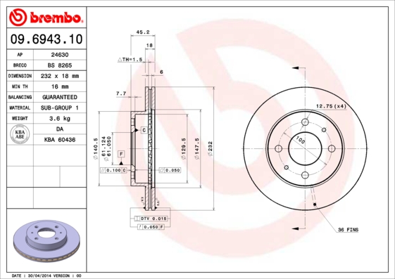 Remschijven Brembo 09.6943.10