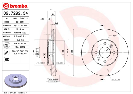 Remschijven Brembo 09.7292.34