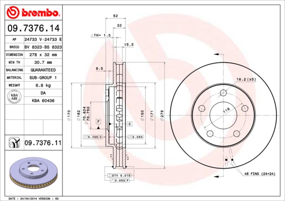 Remschijven Brembo 09.7376.11