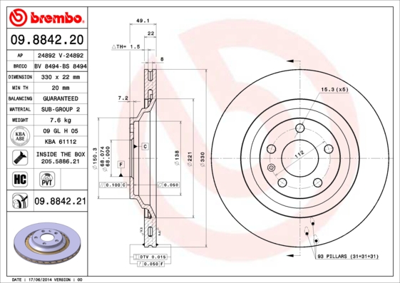 Remschijven Brembo 09.8842.21