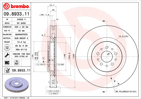 Remschijven Brembo 09.8933.11