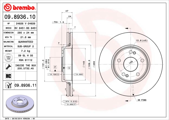 Remschijven Brembo 09.8936.11