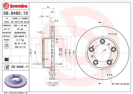 Remschijven Brembo 09.9482.11