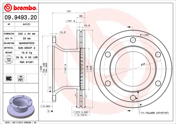 Remschijven Brembo 09.9493.20