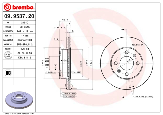 Remschijven Brembo 09.9537.20