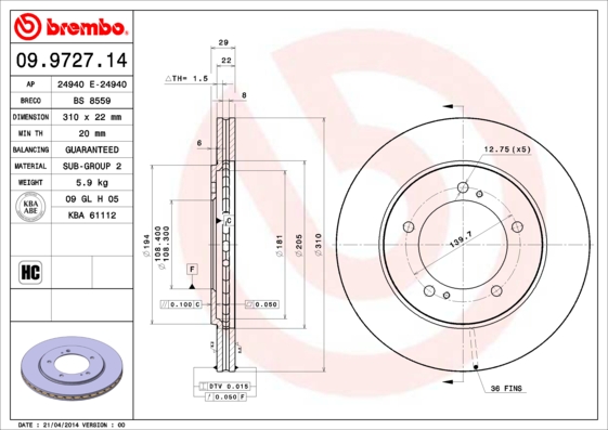 Remschijven Brembo 09.9727.14