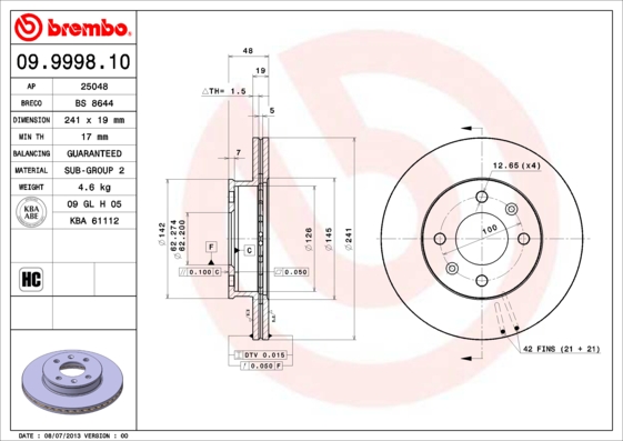 Remschijven Brembo 09.9998.10