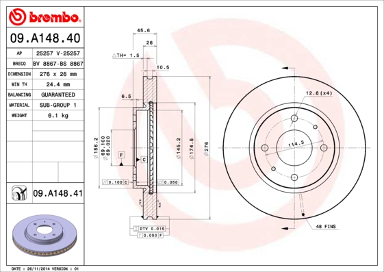 Remschijven Brembo 09.A148.41