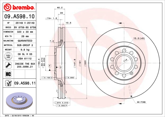 Remschijven Brembo 09.A598.11