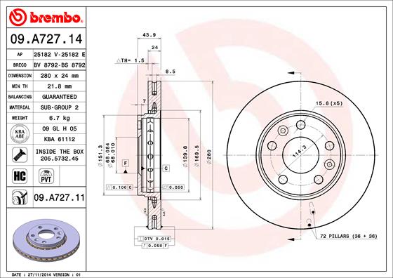 Remschijven Brembo 09.A727.11