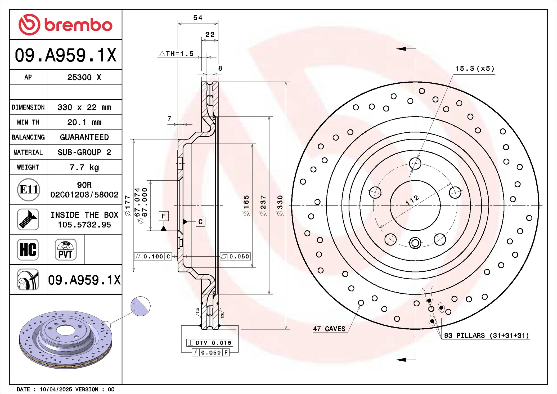 Remschijf Brembo 09.A959.1X