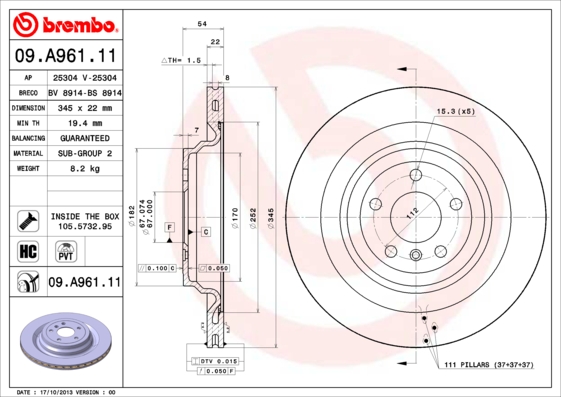 Remschijven Brembo 09.A961.11