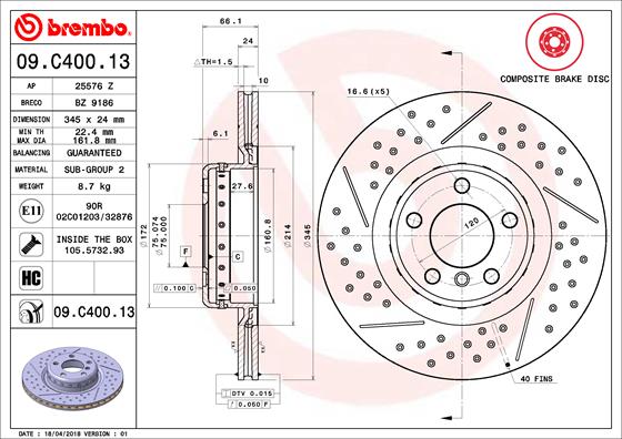 Remschijven Brembo 09.C400.13